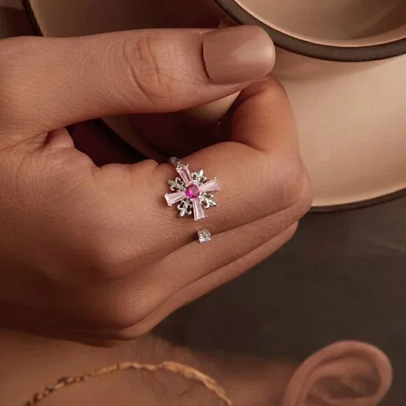 NWT S925 Sterling Silver Pink CZ Cross Fleur-De-Lis Design Open Adjustable Ring - Picture 3 of 12